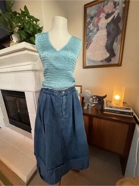 Vintage Denim A-Line Midi Skirt in Blue